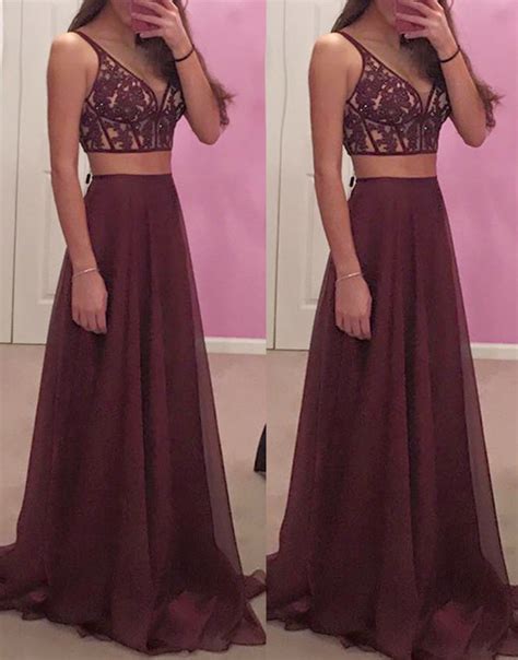 Gorgeous A Line Two Piece V Neck Burgundy Long Prom Dress On Storenvy