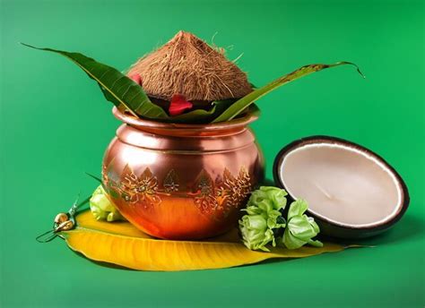 Premium Photo Copper Kalash With Coconut And Mango Leaf With Floral