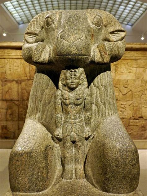 Granite Gneiss Ram Of Amun A Figure Of King Taharqa Stands Between The