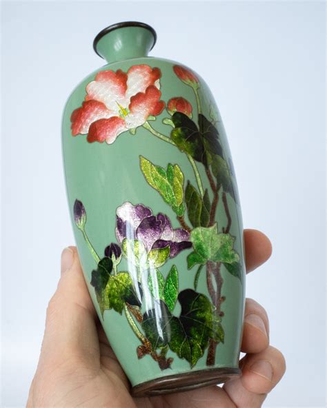 Fine Antique Japanese Ginbari Cloisonne Vase With Flowers Meiji Taisho