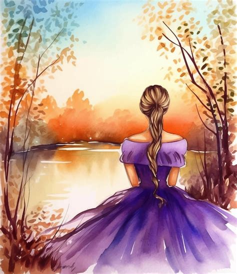 Premium Vector | Woman in front of lake watercolor paint