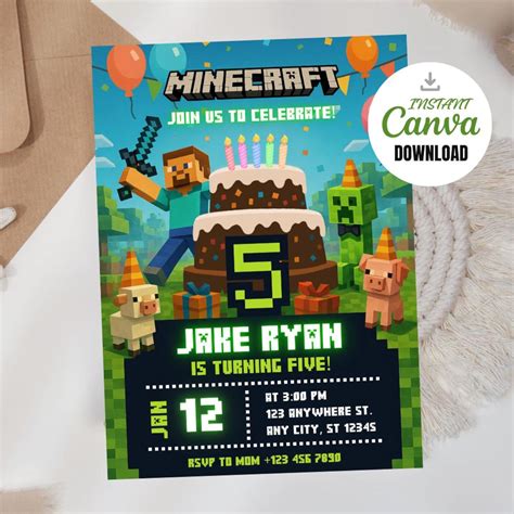 Invitación De Cumpleaños Editable De Minecraft Invitación De