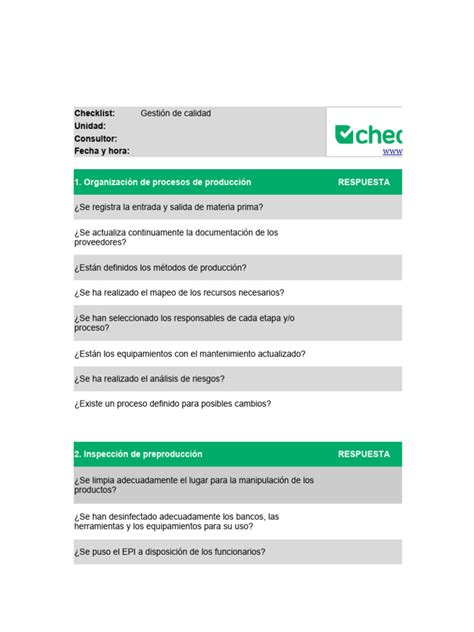 Modelo De Checklist Gestion De Calidad Pdf Business