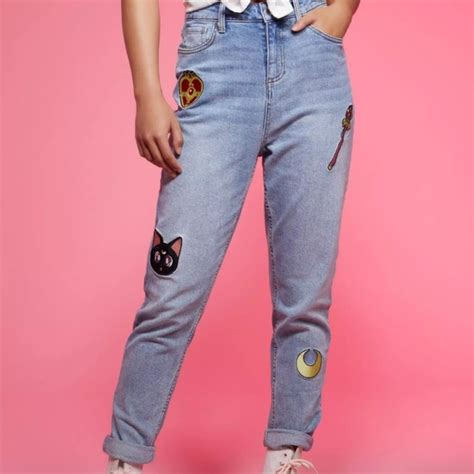 Hot Topic Jeans Sailor Moon Hot Topic Icons Patch Mom Jeans Luna Cat High Rise Straight Sz