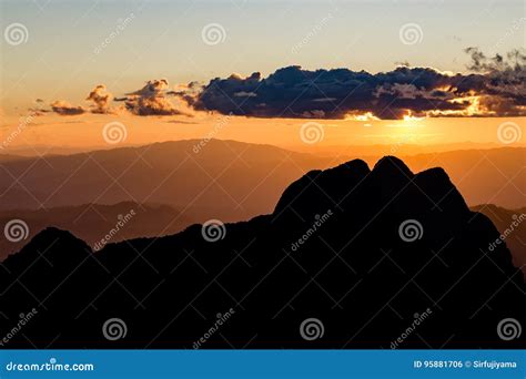 Sunset Scene With Silhouette Mountain Stock Photo Image Of Sunny