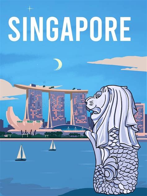 Beautiful View Merlion And Singapore City Skyline Ilustration Travel Poster Editorial