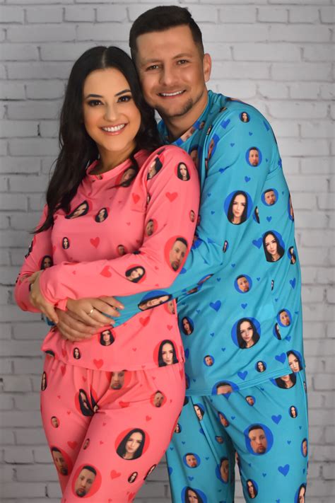 Combo Pijama De Jersey Longo Casal Personalizado Foto Rosa Azul