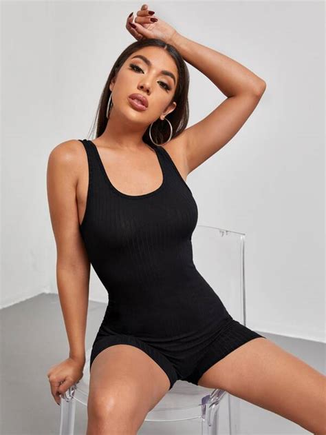 Shein Ezwear Scoop Neck Rib Knit Tank Unitard Romper For Sale Australia