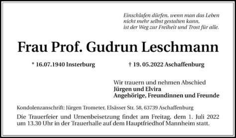 Traueranzeigen Von Gudrun Leschmann Trauerportal Ihrer Tageszeitung