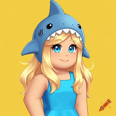 Girl With Blonde Hair Shark Hat Blue Dress And Roblox Character On Craiyon