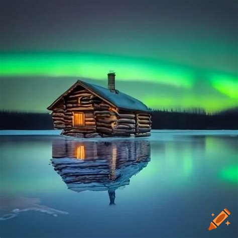 Nighttime View Of A Log Cabin On A Frozen Lake With Northern Lights