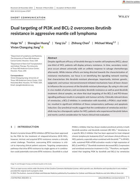 Pdf Dual Targeting Of Pi3k And Bcl‐2 Overcomes Ibrutinib Resistance