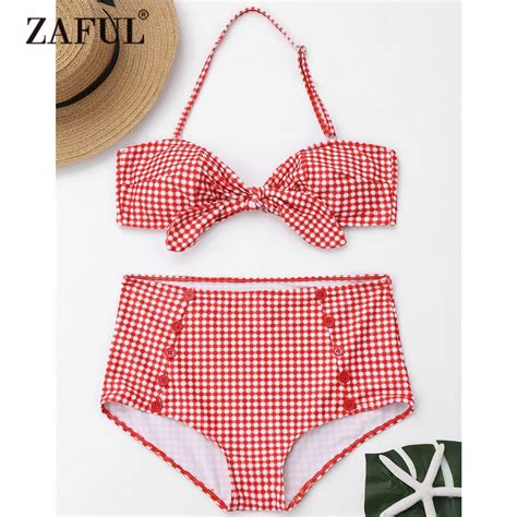 Zaful Plaid Bikini Buttons High Waisted Plaid Front Tied Bikini Women