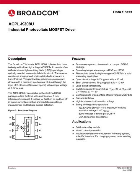 PDF ACPL K308U Industrial Photovoltaic MOSFET Driver Data Sheet