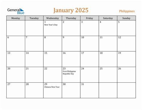 January 2025 - Philippines Monthly Calendar with Holidays