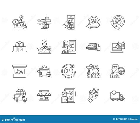 24 Hour Services Line Icons Signs Vector Set Outline Illustration Concept Stock Vector