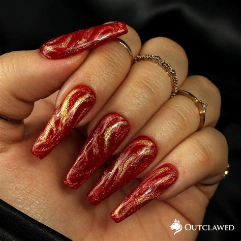 Red And Gold Swirl Glitter Nails Christmas Nails Glitter Nails Holiday