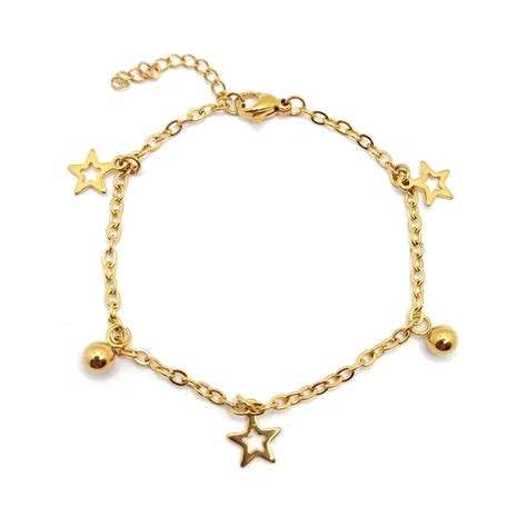 Pulsera Acero Dorado Colgantes Balines Y Estrella Hueca Estiloss