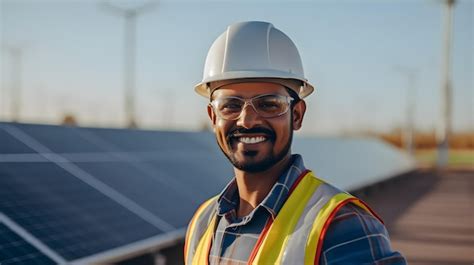 Premium Ai Image A Man Wearing A Safety Helmet Stands In Front Of A Solar Panels