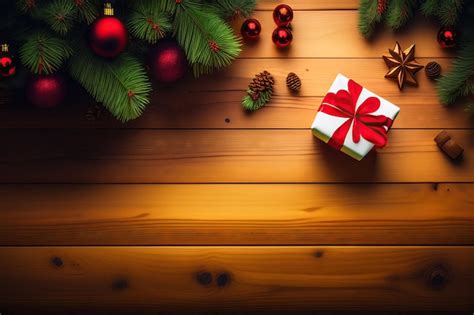 Premium AI Image Gifts Under Christmas Tree On Wooden Floor Top View