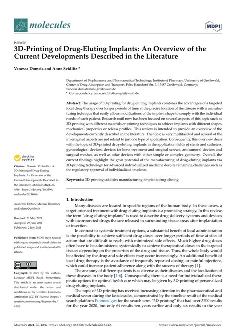 PDF 3D Printing Of Drug Eluting Implants An Overview Of The Current