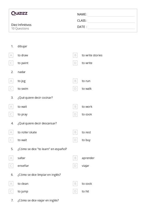 Infinitivos Hojas De Trabajo En Quizizz Gratis E Imprimible