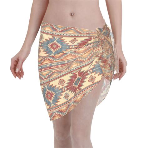 Adobk Women Beach Sarong Bathing Suit Traditional Tribal Aztec Print Wrap Skirt Sheer Bikini