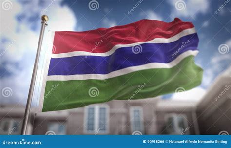 The Gambia Flag 3d Rendering On Blue Sky Building Background Stock