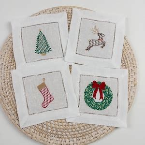 Embroidered Christmas Cocktail Napkin Set , Christmas Drink Napkins ...