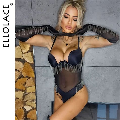 Ellolace Tassels Bodysuit With Long Gloves Sheer Lace Push Up Cup Kinky