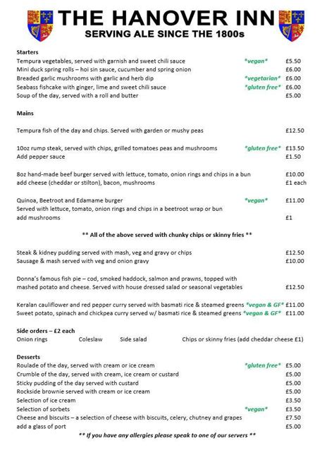 Menu at The Hanover Inn pub & bar, Harwich