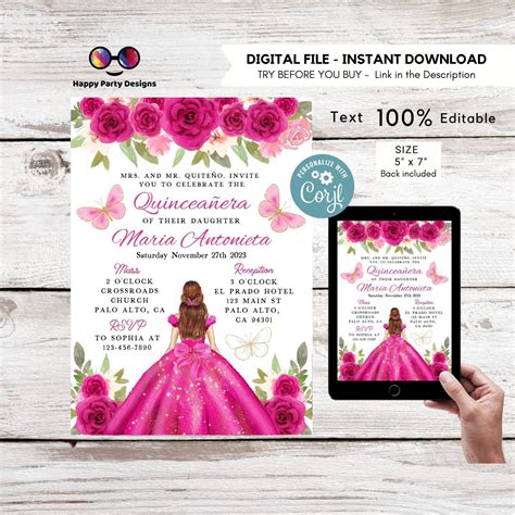 Editable Fuchsia Dress Quinceañera Invitation Editable Etsy