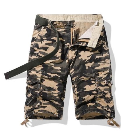 Bermudas Homme Cargo Camouflage Été en Coton sans Ceinture Multi poches