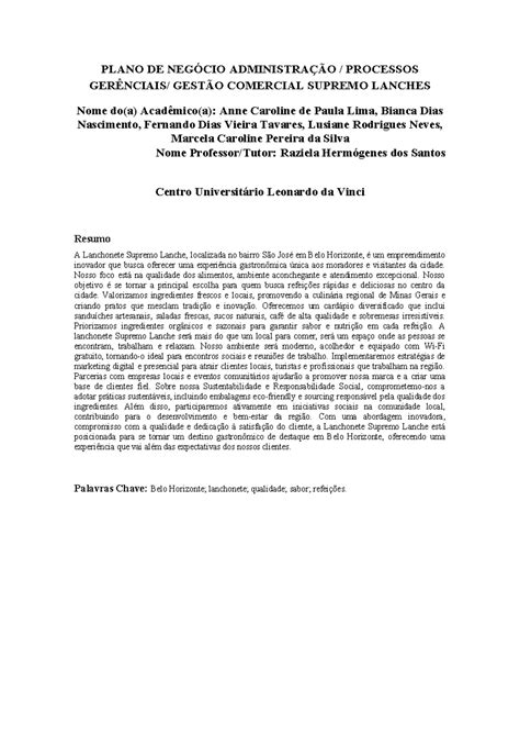 Plano Negocio para analise - PLANO DE NEGÓCIO ADMINISTRAÇÃO / PROCESSOS