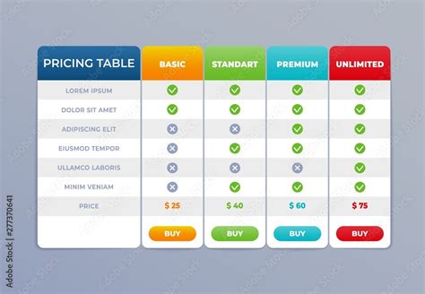 Comparison Pricing Table List Vector Comparing Price Banner Product