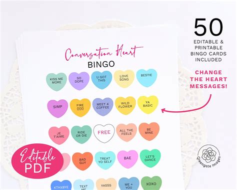 Conversation Heart Bingo Editable Template In 2022 Heart Bingo