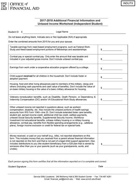 Fillable Online Untaxed Income Worksheet Independent Student Fax