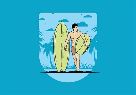 Premium Vector The Shirtless Man Holding Surfboard Illustration