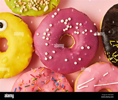 Round Different Donuts With Sprinkles Full Frame Stock Photo Alamy