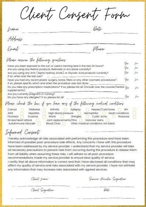 Client Consent Form General Spa Salon Massage Etsy Ireland