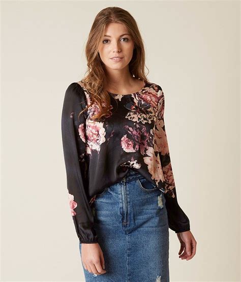 Daytrip Floral Satin Top Womens Shirtsblouses In Forged Iron Rose Wine Buckle Satin Top