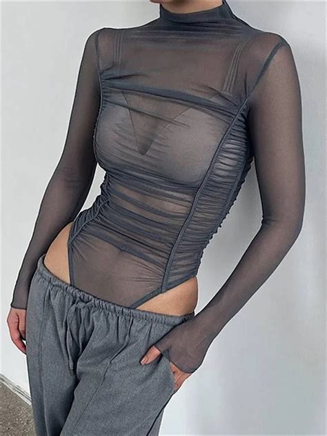 Chronstyle Sexy Women Long Sleeve Ruched Bodysuits Solid Mesh See