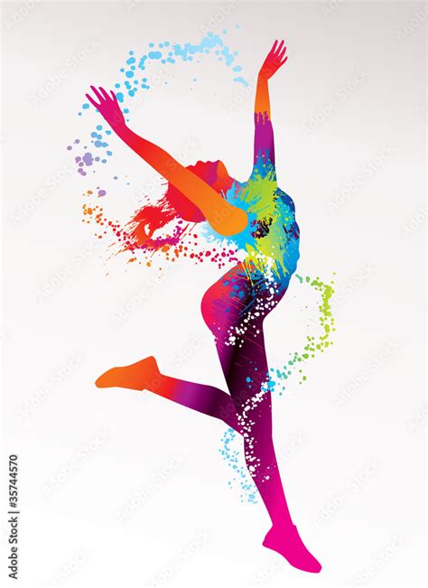 The dancing girl with colorful spots and splashes on a light bac Stock ...