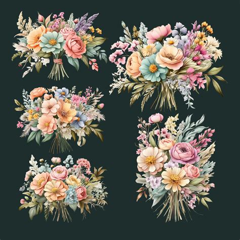 Flower Bouquet Clipart, Vintage Floral Design, Pastel Flower, Instant ...