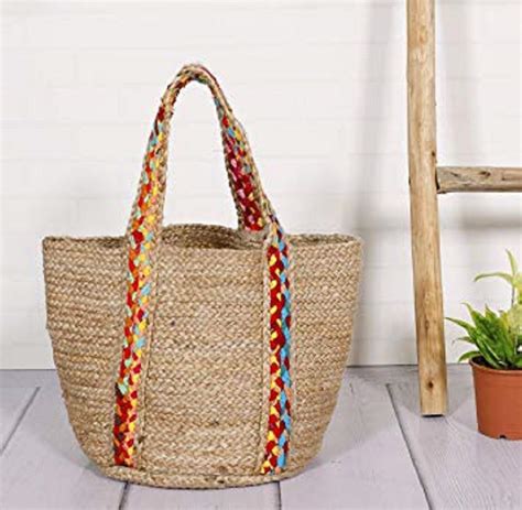 Hand Made Jute Hand Bag With Multi Color Strip Bags Tote Storage