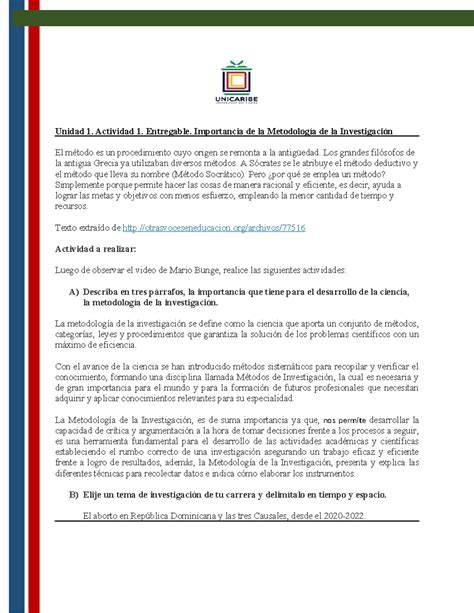 Importancia de La Metodología de La Investigación Unidad 1 Actividad