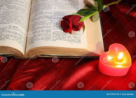 Heart Candle On Open Bible And Red Rose Stock Photo Image Of