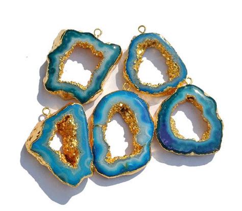 Gold Electroplated Neon Blue Druzy Agate Geode Slice Pendant