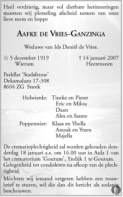 Aafke De Vries Ganzinga 14 01 2007 Overlijdensbericht En Condoleances