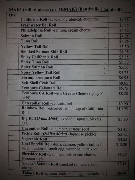 Menu at Sushi Tokoro restaurant, Thornton, 3925 E 120th Ave